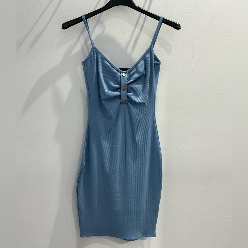 Blue Ribbed Button-Front Dress - Picture 3 of 4